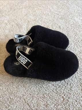 UGG Black Fuzzy Slip-On Shearling Slides with Branded Heel Strap
